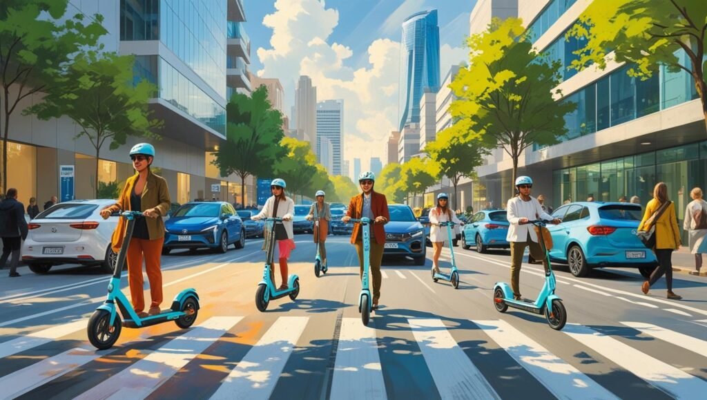Electric scooters and e-bikes parked in a modern city, promoting eco-friendly urban mobility and micro-mobility solutions
