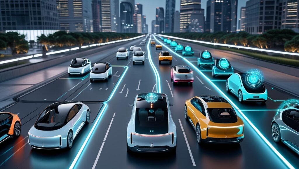Self-driving electric vehicle on a smart city road, using advanced sensors and connected technology for safe autonomous driving