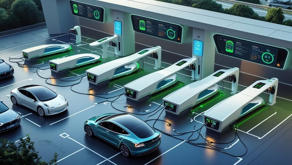 Electric car connected to a smart ultra-fast charging station with digital display, enabling rapid and efficient charging