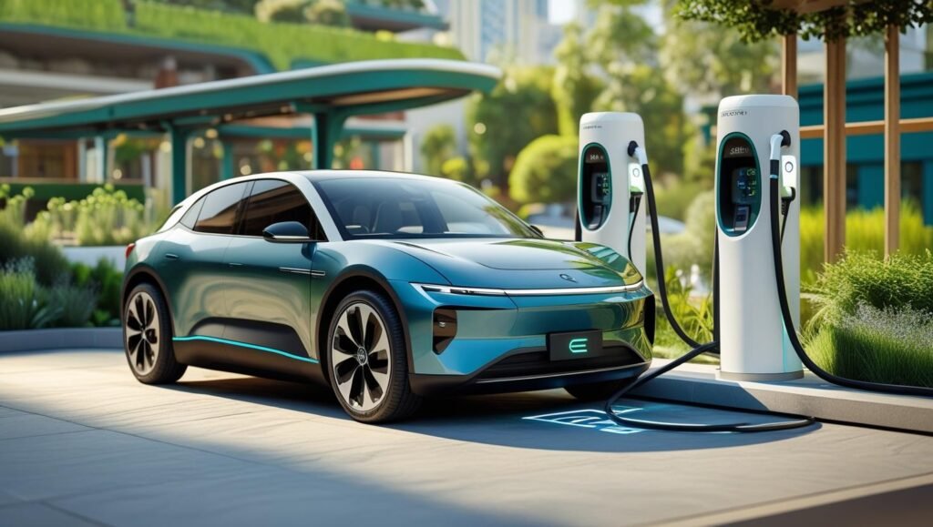 Modern electric vehicle charging at a fast-charging station with a city skyline in the background representing sustainable mobility trends