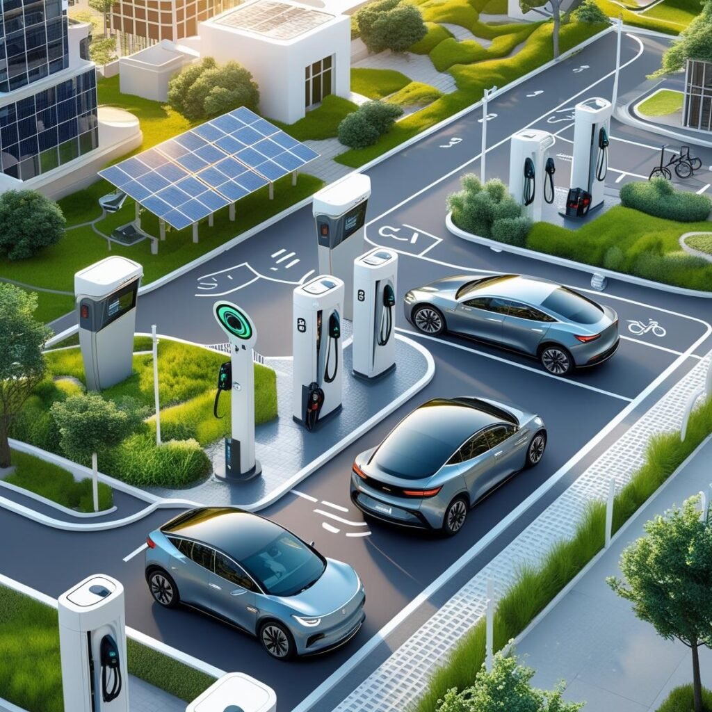 Futuristic electric vehicles driving on a clean, modern city road with green energy elements and smart infrastructure