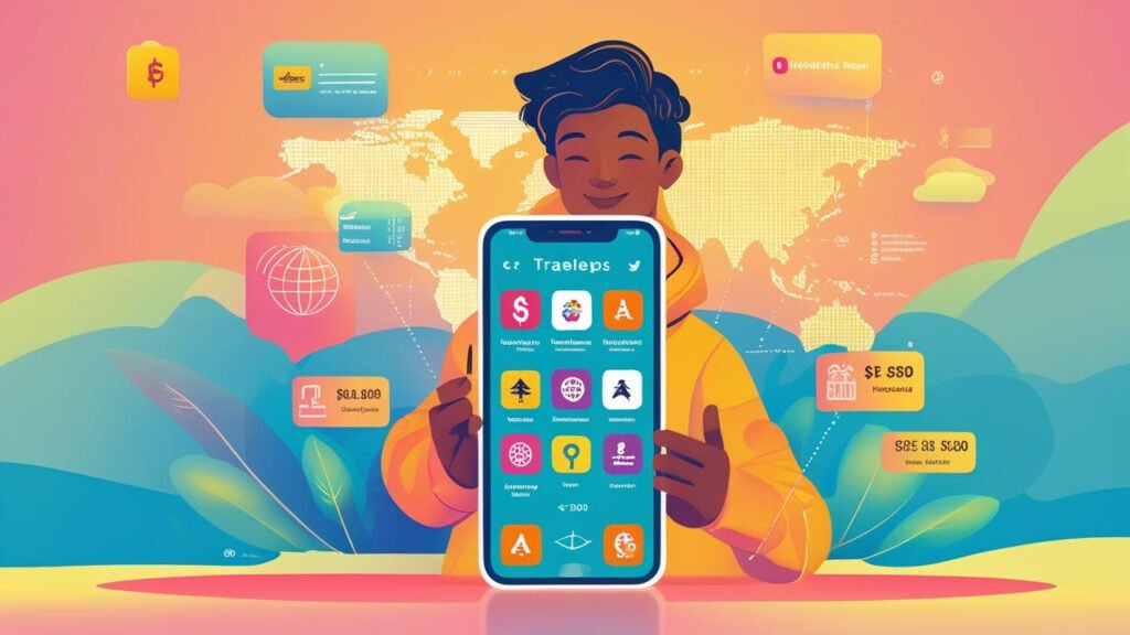 Smartphone displaying travel apps and a map, surrounded by a passport and budget travel essentials.
