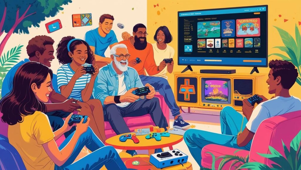 A collection of retro game cartridges and a classic controller, illustrating the affordable and accessible nature of vintage gaming.