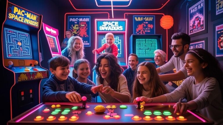 A stack of colorful retro video game cartridges next to an old-school game console and joystick on a wooden table.