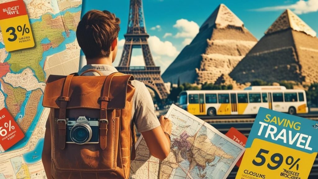 Backpacker with a large backpack walking on a budget-friendly travel trail surrounded by nature