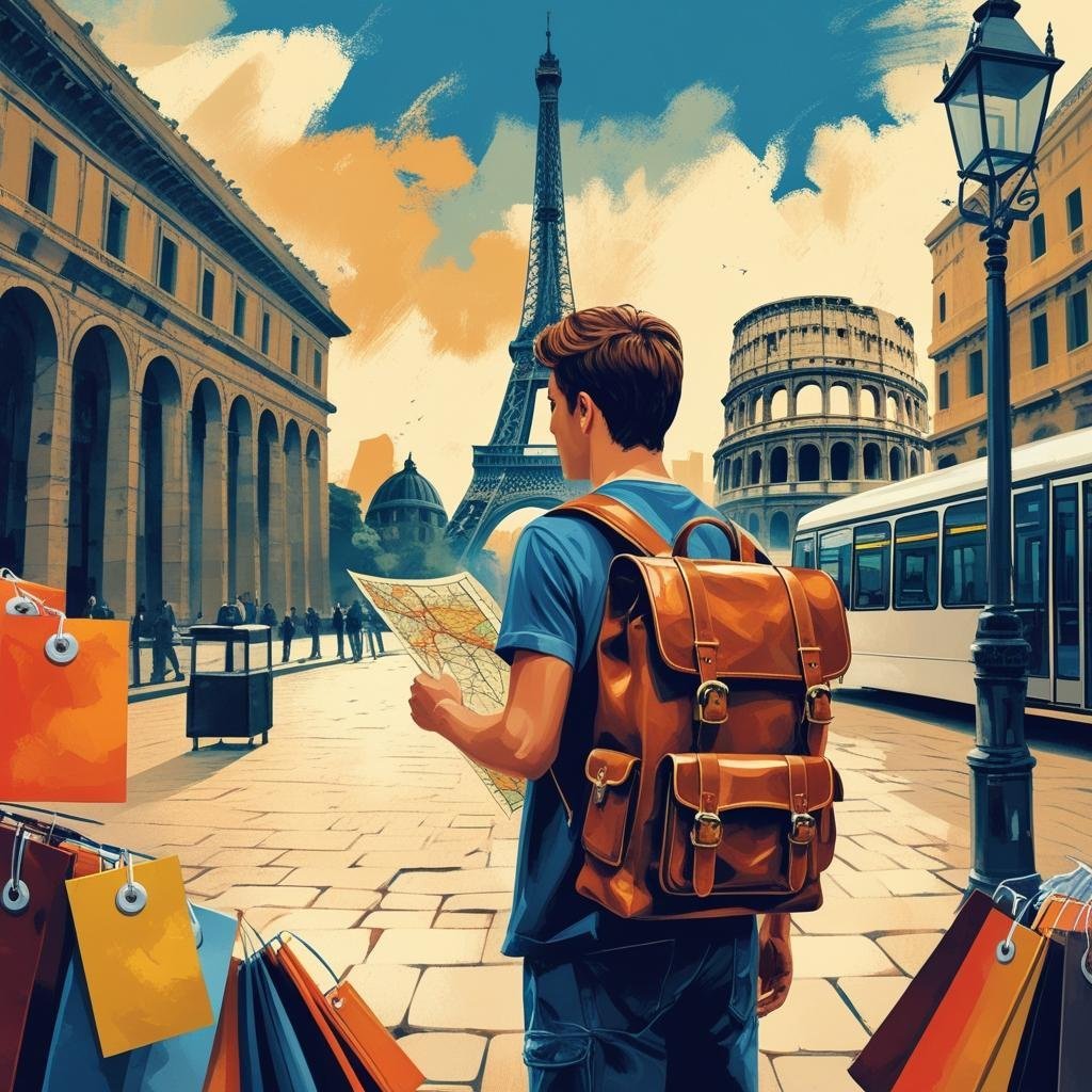 Smiling traveler with backpack enjoying a vibrant street market on a budget travel trip