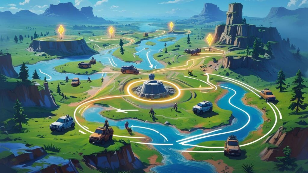 PUBG player driving a vehicle to rotate early into the safe zone during a match.