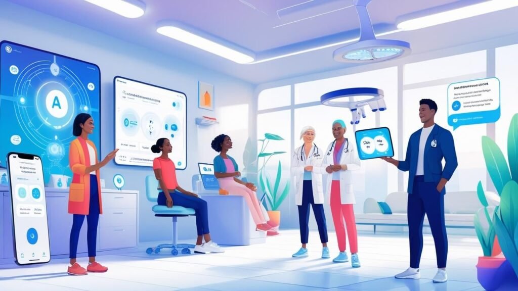 AI-driven healthcare devices and wellness apps illustrating the future of artificial intelligence and everyday life in health.
