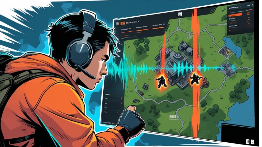 Gamer wearing headphones focusing intently on PUBG gameplay to detect enemy footsteps.