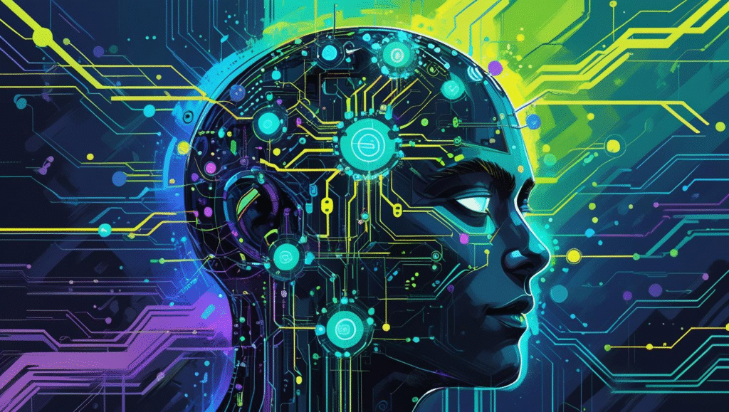 Illustration of artificial intelligence and machine learning concepts, including a humanoid robot, neural networks, and data visualizations representing advanced AI technology.