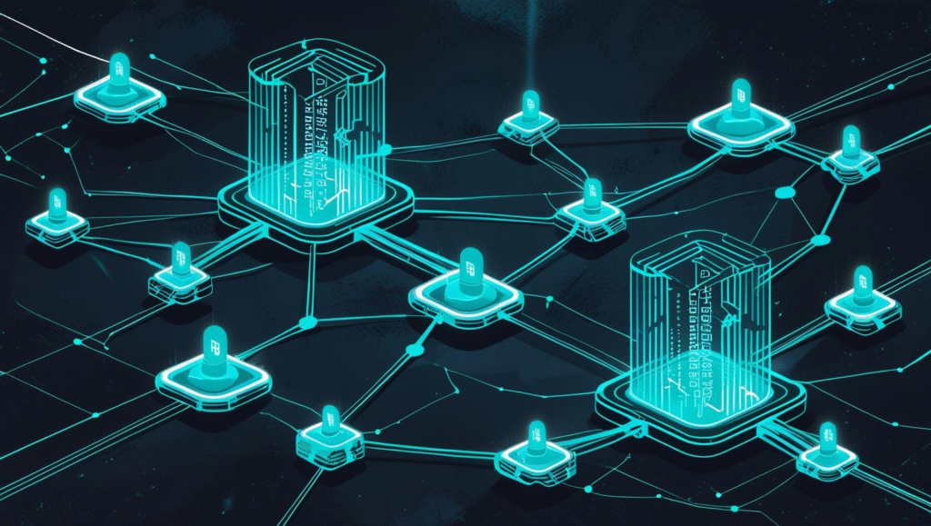 Digital illustration of blockchain technology showing interconnected blocks, secure data chains, and decentralized network visuals symbolizing security and transparency.