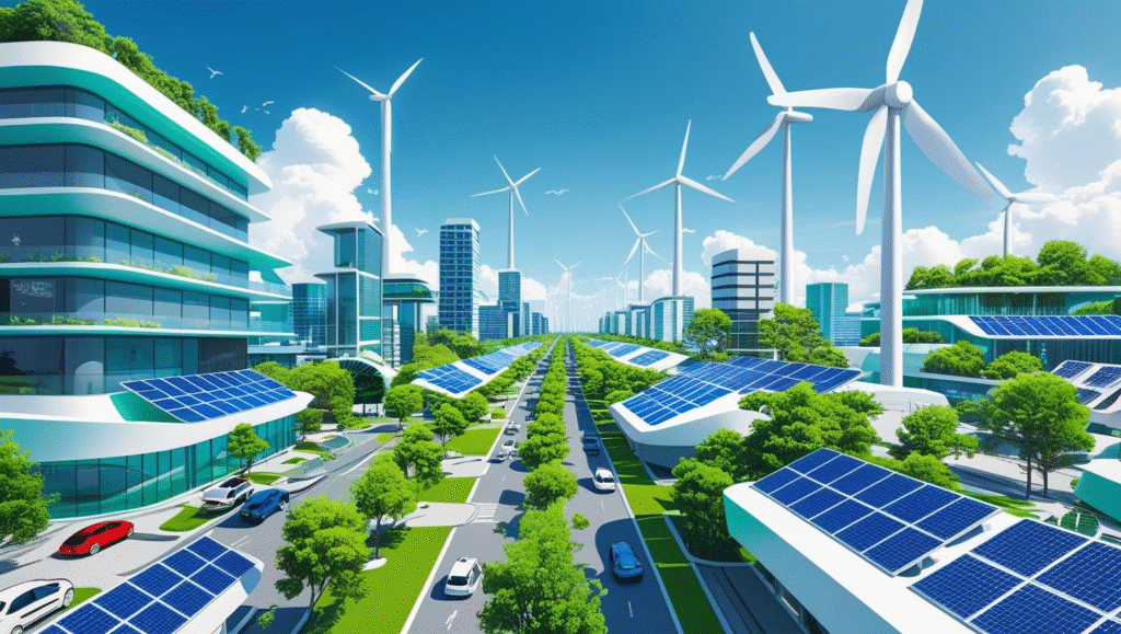 Illustration of green technology featuring solar panels, wind turbines, electric vehicles, and lush greenery representing clean energy and sustainable innovation.