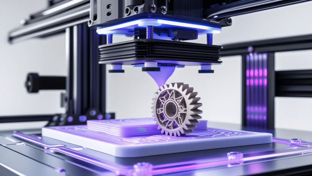 Close-up illustration of 3D printing technology showing a printer creating a complex object layer by layer, symbolizing innovation and rapid manufacturing.