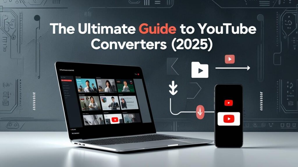 Person using laptop and smartphone to convert YouTube videos to MP3 and MP4, with download icons in the background.