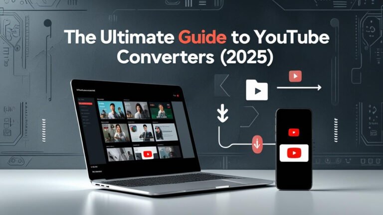 Person using laptop and smartphone to convert YouTube videos to MP3 and MP4, with download icons in the background.