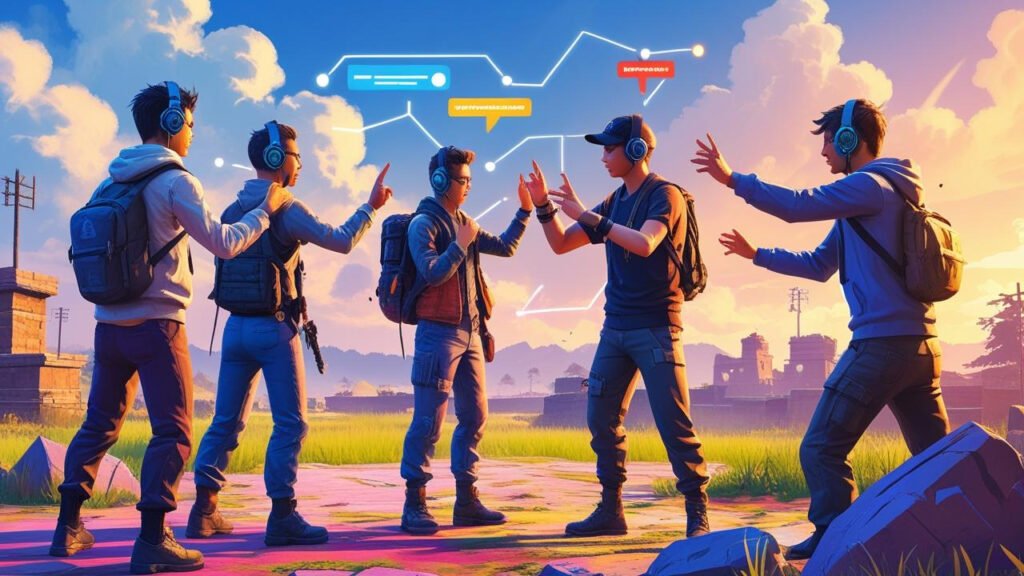 Squad of PUBG players using headsets and coordinating strategies during gameplay.