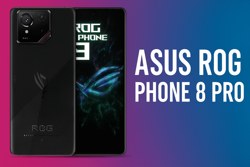 Asus ROG Phone 8 Pro showcased on a vibrant background with bold title text, representing elite gaming smartphones of 2025.