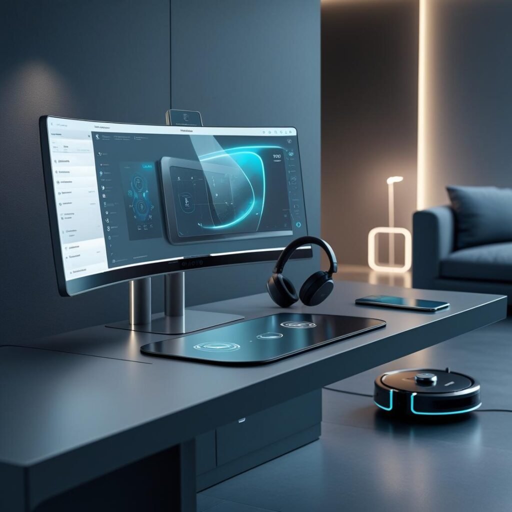Best Smart Tech Gadgets to Upgrade Your Home Office in 2025 A stylish, modern home office setup featuring a smart desk, wireless charging accessories, a sleek monitor, and other high-tech gadgets arranged neatly on a minimalist workspace.