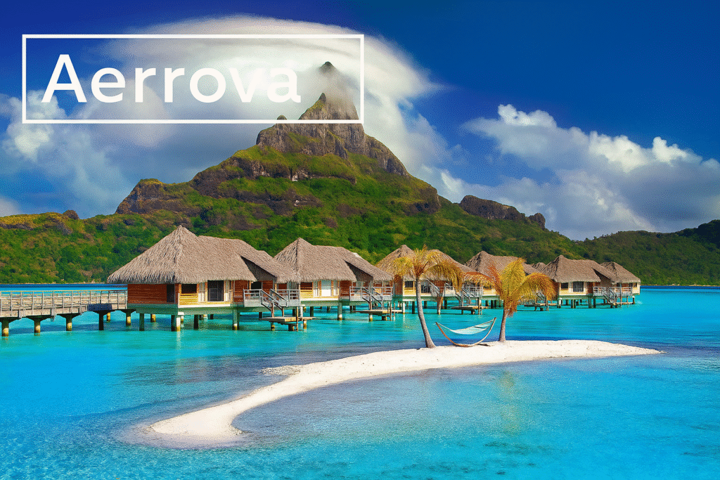 Overwater bungalows with turquoise lagoons and lush volcanic peaks in Bora Bora, French Polynesia.