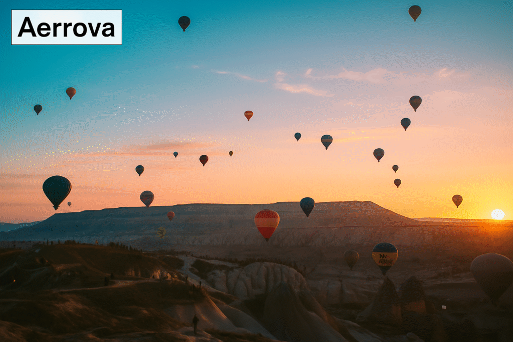 Hot air balloons floating over the unique fairy chimneys and rock formations of Cappadocia, Turkey at sunrise.
