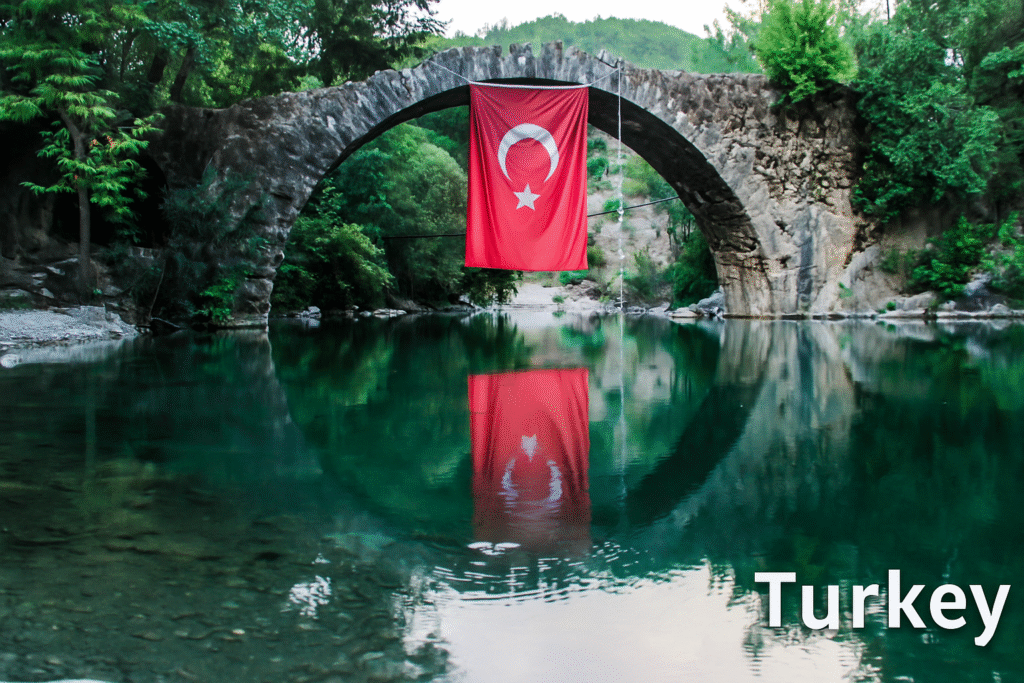 A scenic view of Turkey featuring the iconic domes and minarets of Istanbul’s skyline at sunset, with the Bosphorus shimmering in the background.