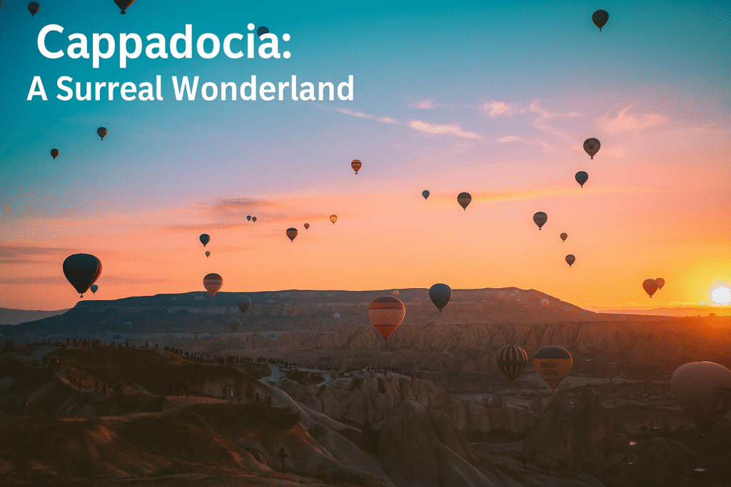 Dozens of colorful hot air balloons floating over the otherworldly rock formations and fairy chimneys of Cappadocia at sunrise.