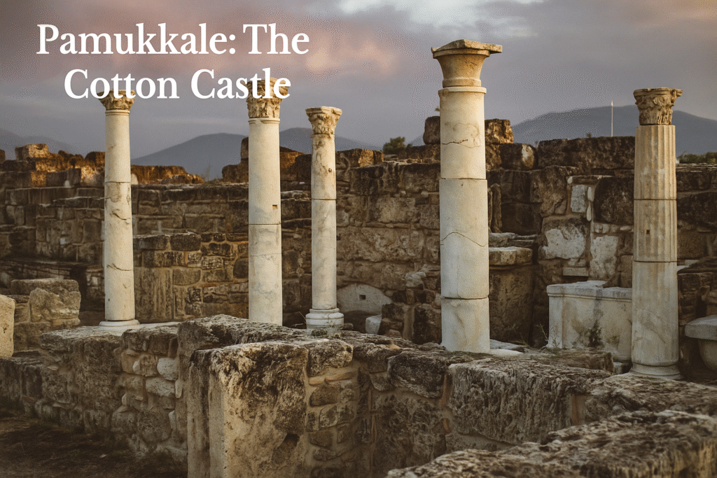 The dazzling white travertine terraces of Pamukkale filled with turquoise thermal pools, cascading down the hillside under a clear blue sky.