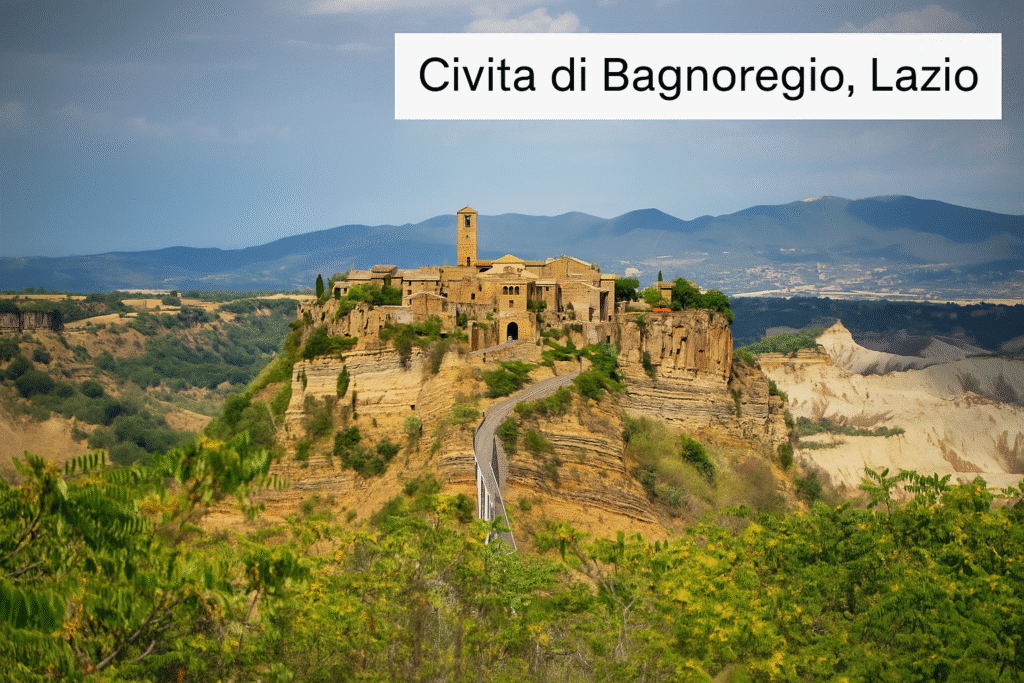 Ancient hilltop village of Civita di Bagnoregio in Lazio, Italy, perched on a cliff and connected by a narrow pedestrian bridge, surrounded by dramatic valleys.