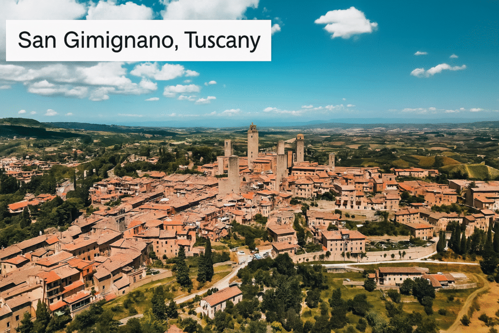 Medieval towers and historic stone buildings of San Gimignano, Tuscany, surrounded by rolling green hills under a clear blue sky.