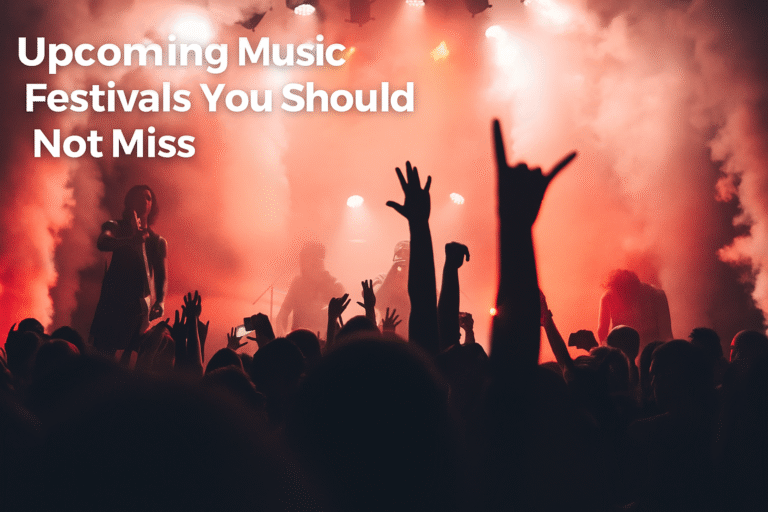 A vibrant crowd at an outdoor music festival at sunset, hands in the air, colorful stage lights shining, and confetti floating above the audience.