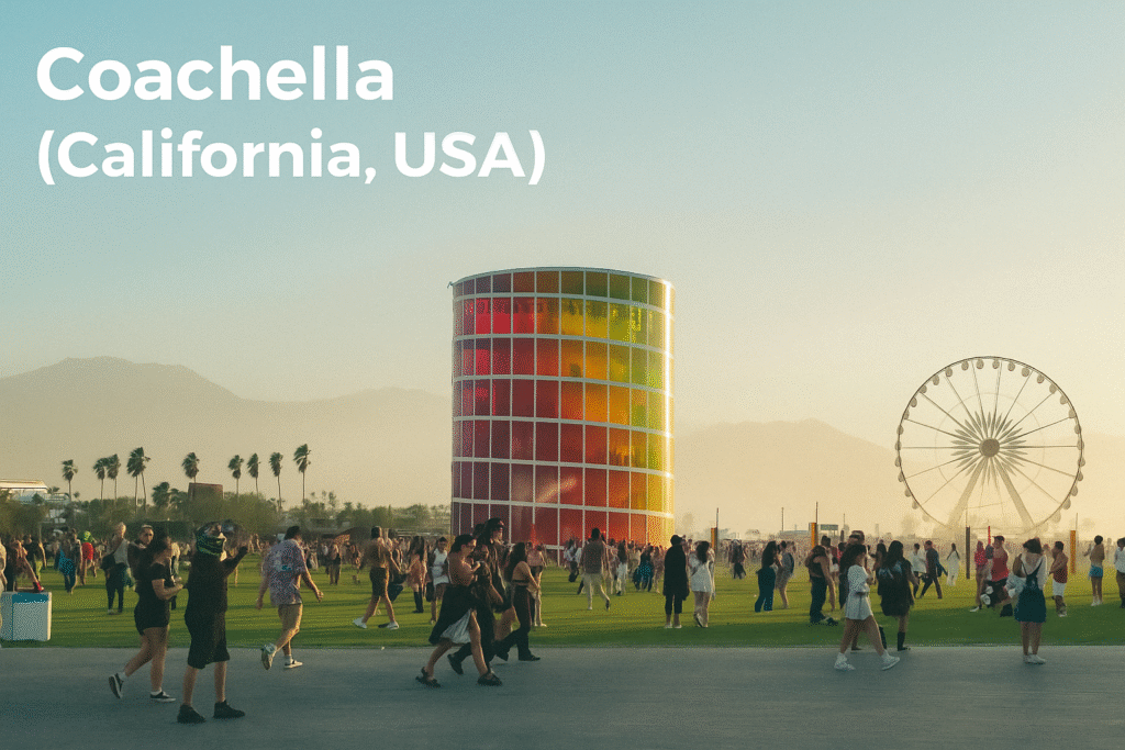 Festivalgoers dancing in front of the iconic Coachella Ferris wheel at sunset, with palm trees, colorful lights, and a dreamy desert sky in the background.
