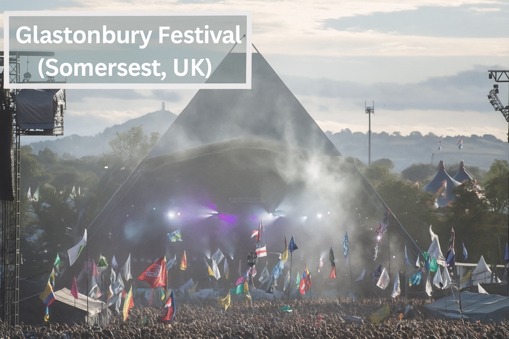 A massive crowd gathered at Glastonbury Festival in front of the Pyramid Stage, with colorful flags waving and the rolling green fields of Somerset in the background.