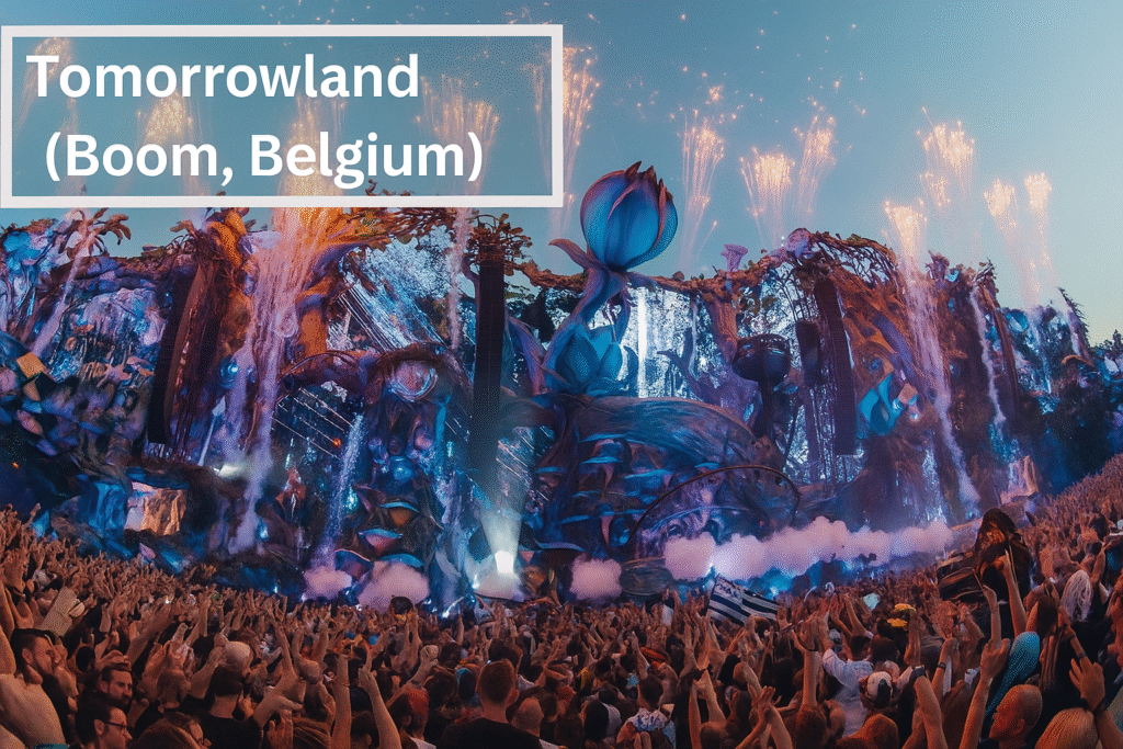 A massive crowd in front of Tomorrowland’s fantastical main stage, with elaborate fairy-tale-inspired decorations, colorful lights, and fireworks illuminating the night sky.