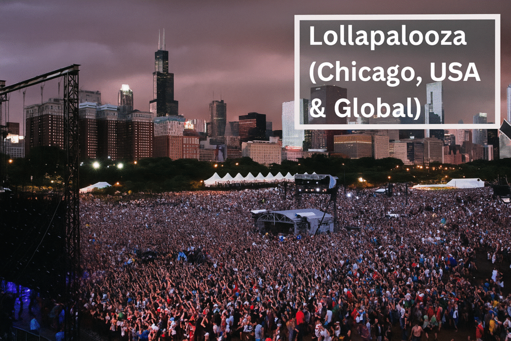 A massive crowd at Lollapalooza in Chicago’s Grant Park, with the city skyline in the background and a brightly lit stage alive with energy.
