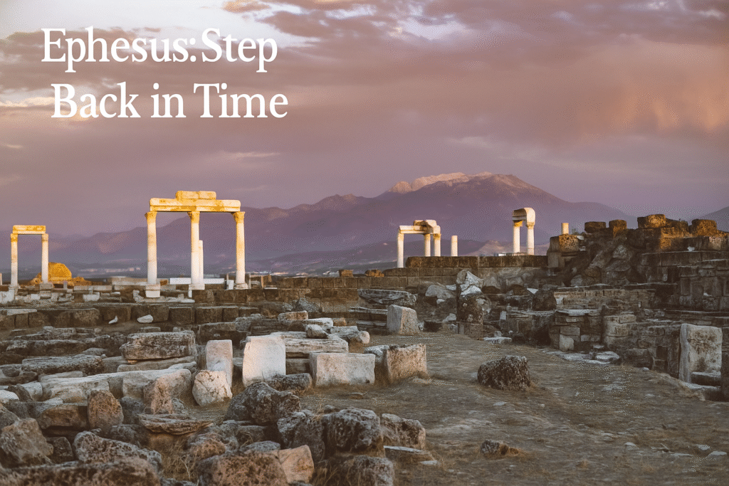 The grand façade of the Library of Celsus in Ephesus, with ancient stone columns and intricate carvings under a bright blue sky.