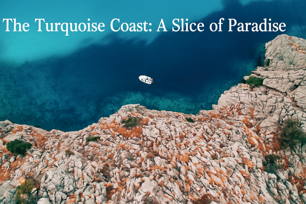 A breathtaking aerial view of Turkey’s Turquoise Coast, showcasing crystal-clear blue waters, lush green hills, and hidden sandy coves along the rugged shoreline.