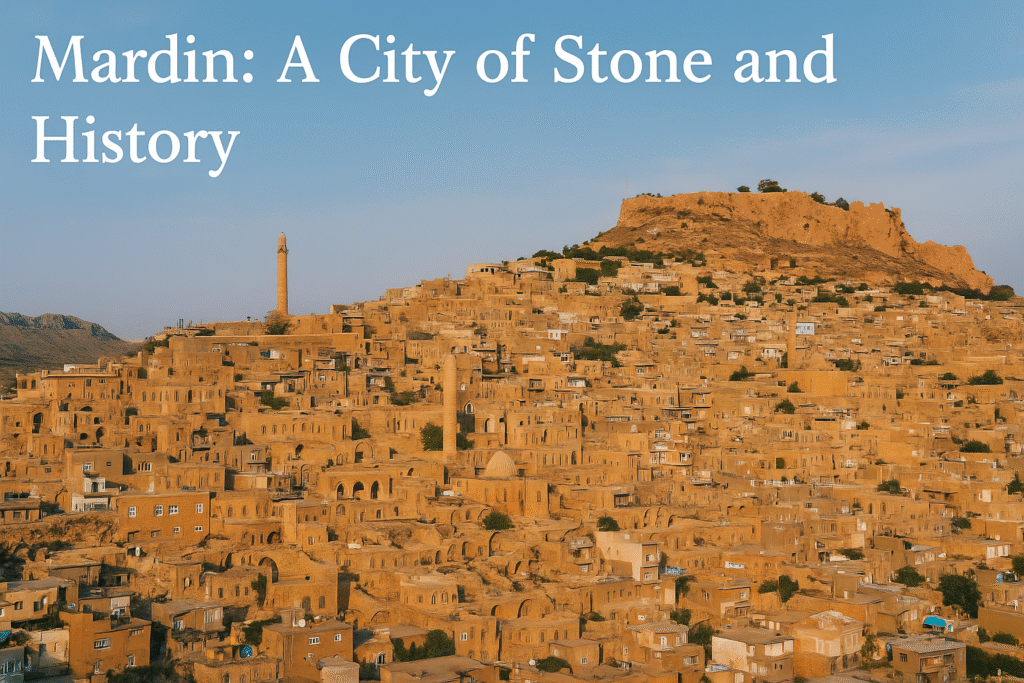The golden stone buildings of Mardin cascading down a hillside at sunset, with intricate architecture and a sweeping view over the Mesopotamian plains.