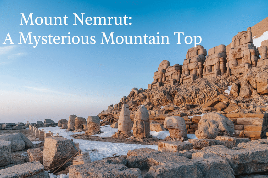The colossal stone heads of ancient gods scattered on the summit of Mount Nemrut at sunrise, bathed in a golden glow against a dramatic mountain backdrop.