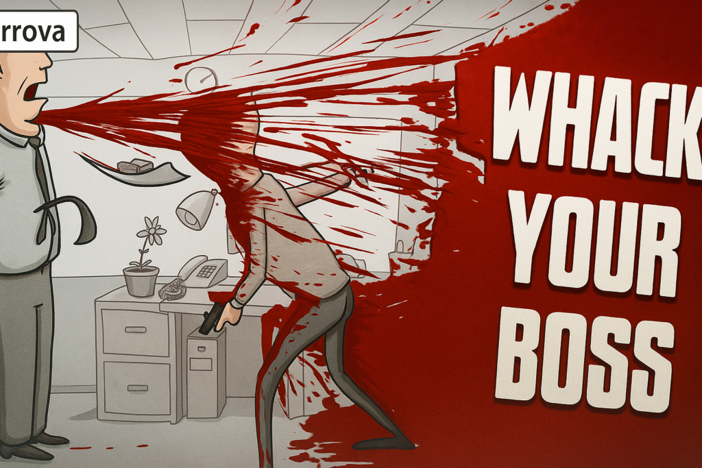 A frustrated cartoon character using various exaggerated and humorous tools to attack their angry boss.