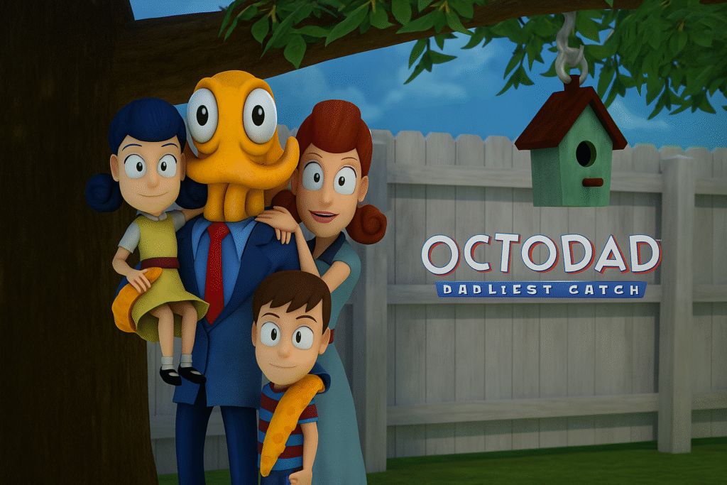 A clumsy octopus disguised as a human dad trying to perform everyday tasks with awkward, floppy movements.