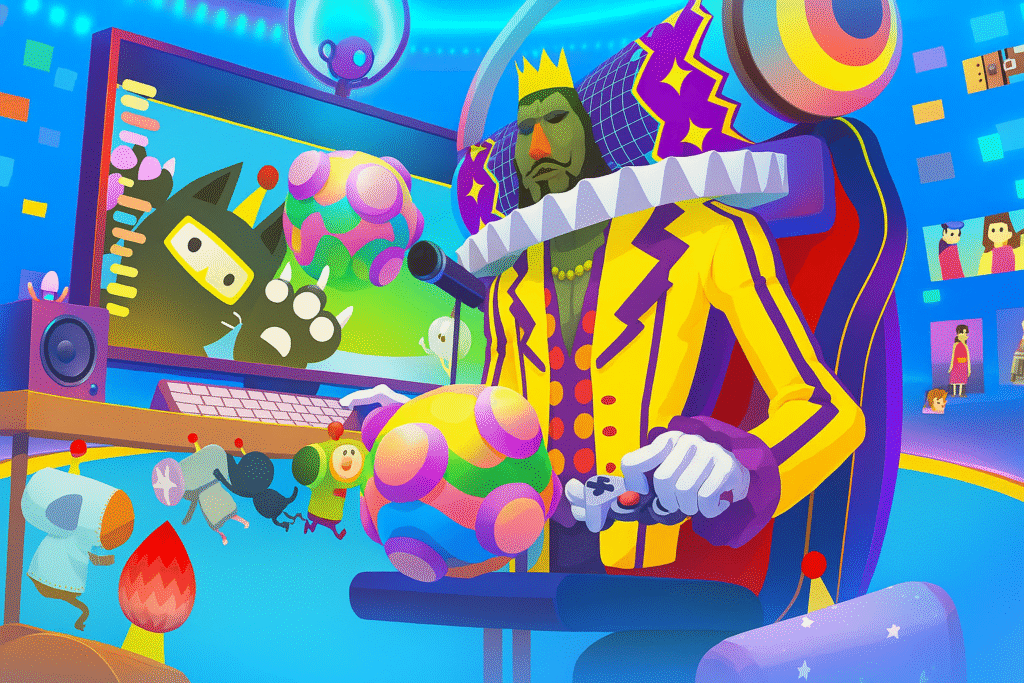 A colorful scene of a tiny prince rolling a sticky ball that collects everyday objects of increasing size.