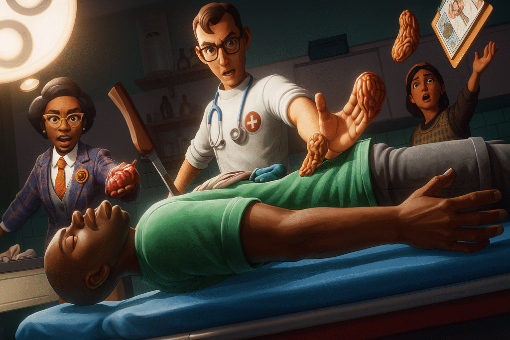 A clumsy hand performing a chaotic surgery with surgical tools in a humorous and exaggerated operating room.