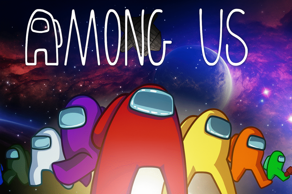 Colorful crewmates in spacesuits performing tasks, with some secretly plotting as impostors, featuring unique modded abilities.