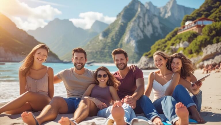 Beautiful beach sunset with a lone traveler walking along the shore, symbolizing a perfect vacation to go.