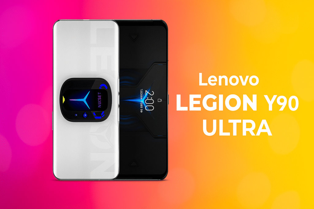 Lenovo Legion Y90 Ultra gaming smartphone displayed with its name on a vibrant, high-tech background.