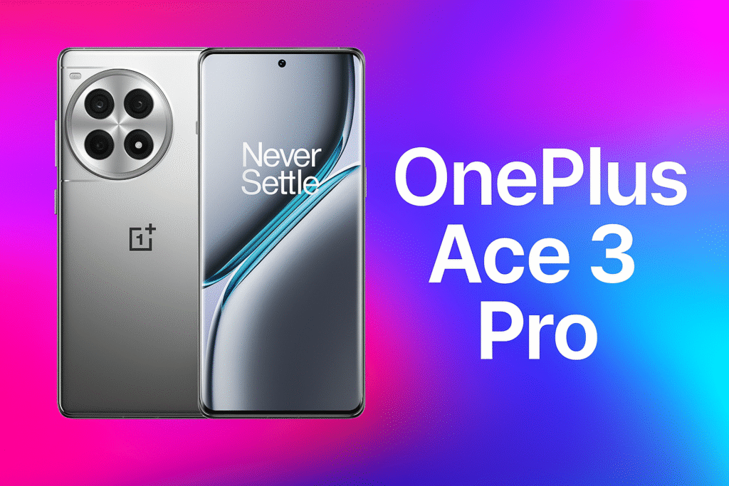 OnePlus Ace 3 Pro smartphone featured on a vibrant background with its name displayed beside it in bold text.