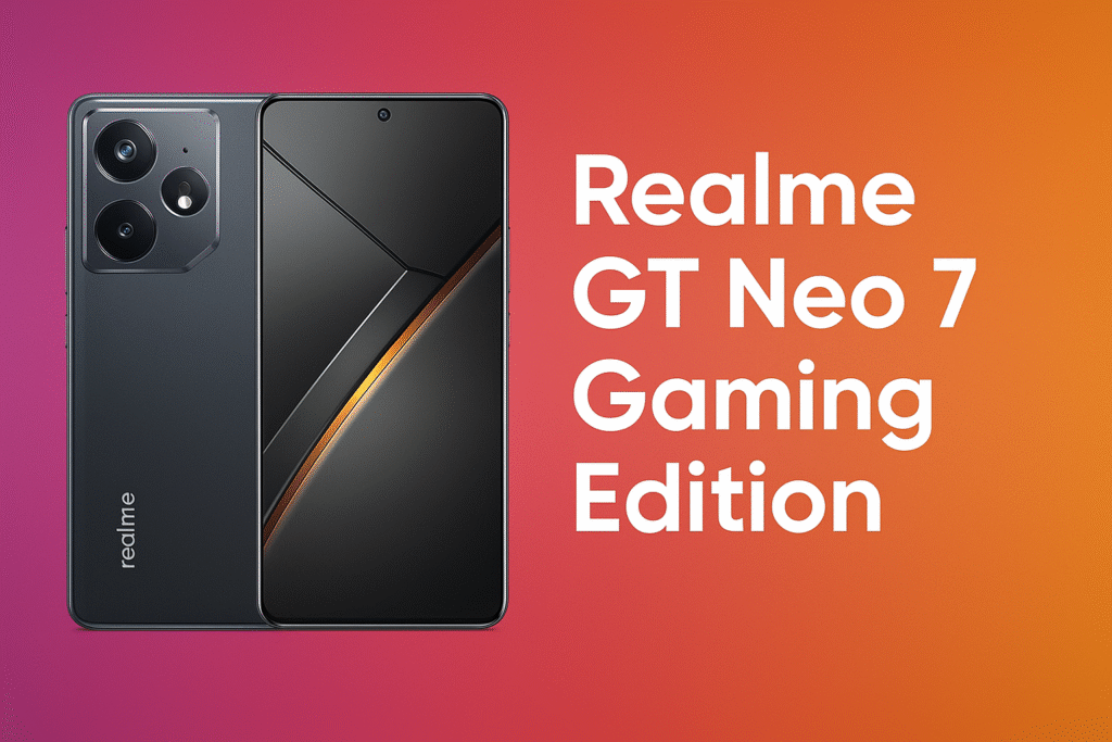 Realme GT Neo 7 Gaming Edition smartphone showcased beside its name on a vibrant, high-energy background built for gaming appeal.