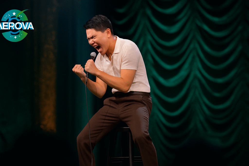 Ronny Chieng performing his 2025 stand-up special AI Hate You All on Amazon Prime Video