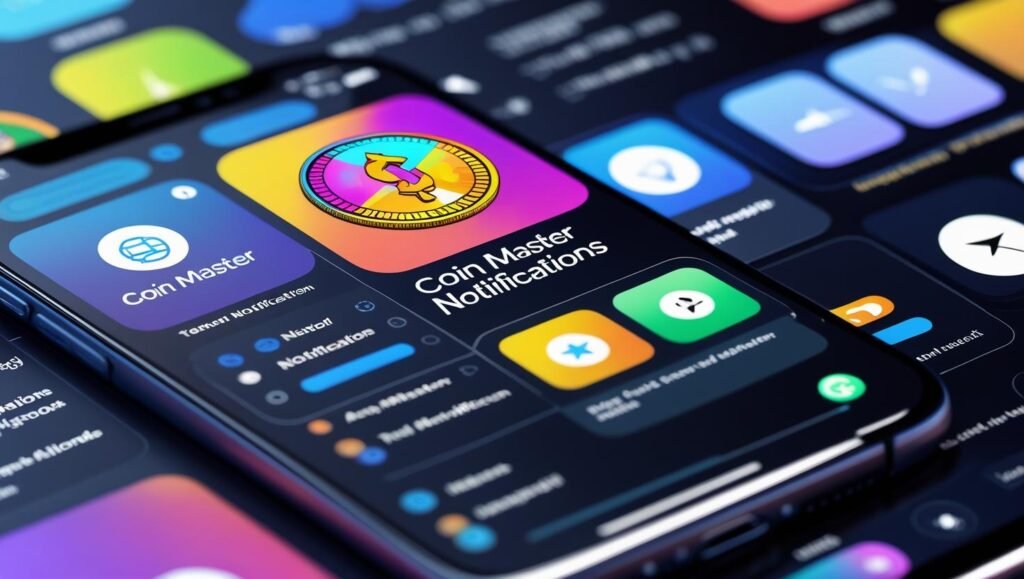 Mobile phone settings showing Coin Master app notifications enabled for spin alerts and bonus updates