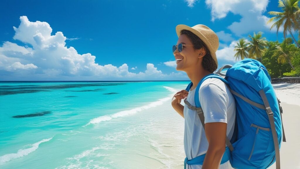 Minimalist Traveler on a Surprise Beach Getaway Traveler at a tropical beach with minimal luggage, enjoying a spontaneous vacation to go.